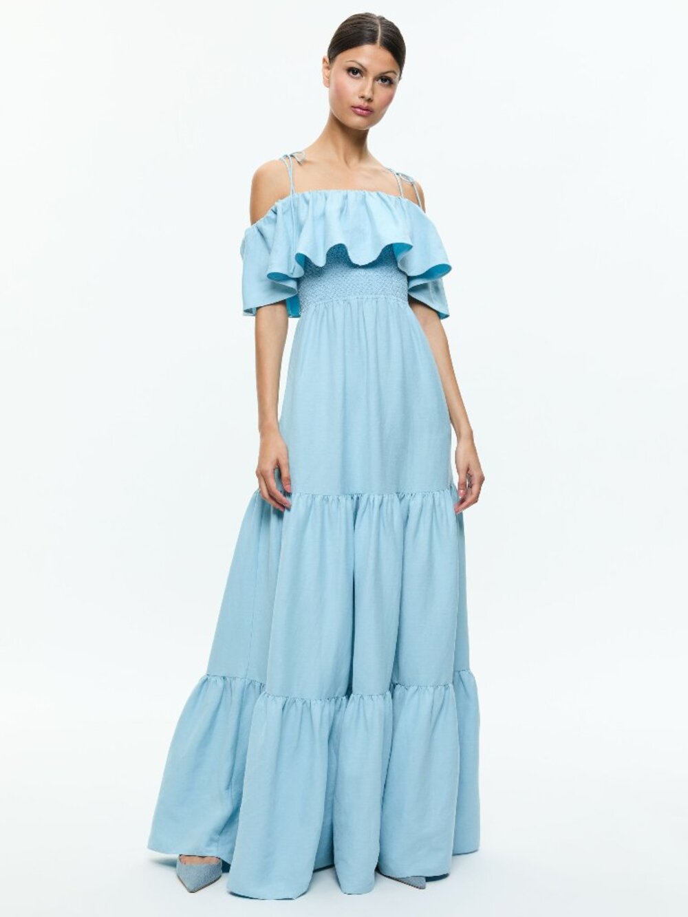 Alice + Olivia Blue Ruffled Tiered Maxi Sundress
